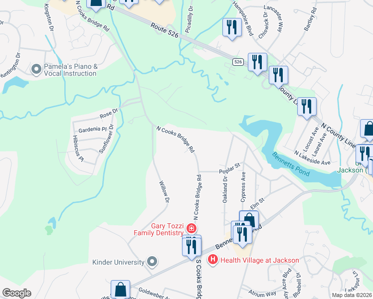 map of restaurants, bars, coffee shops, grocery stores, and more near 114 North Cooks Bridge Road in Jackson Township