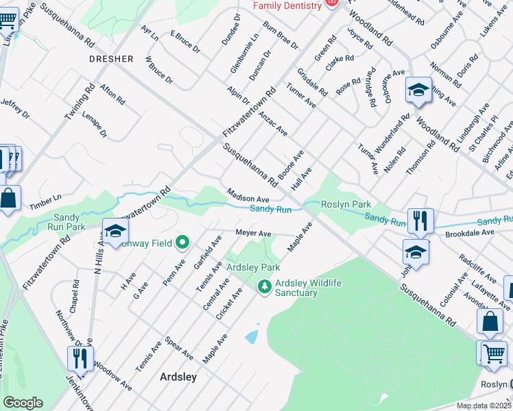 map of restaurants, bars, coffee shops, grocery stores, and more near 2938 Madison Avenue in Abington