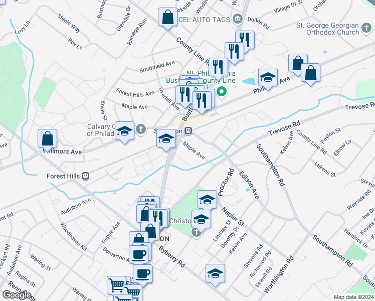 map of restaurants, bars, coffee shops, grocery stores, and more near 614 Maple Avenue in Philadelphia