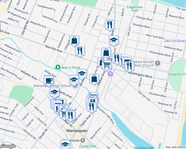map of restaurants, bars, coffee shops, grocery stores, and more near 121 Curtis Place in Manasquan