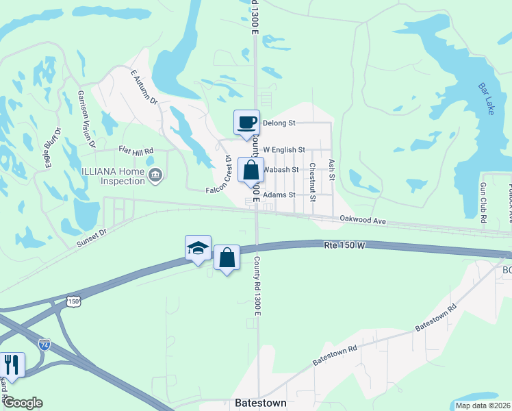 map of restaurants, bars, coffee shops, grocery stores, and more near 30 County Road 1300 East in Danville