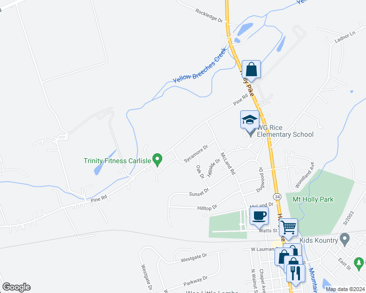 map of restaurants, bars, coffee shops, grocery stores, and more near 117 Pine Road in Mount Holly Springs