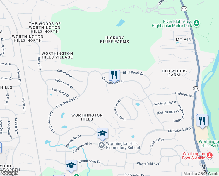 map of restaurants, bars, coffee shops, grocery stores, and more near 8036 Golfview Court in Columbus