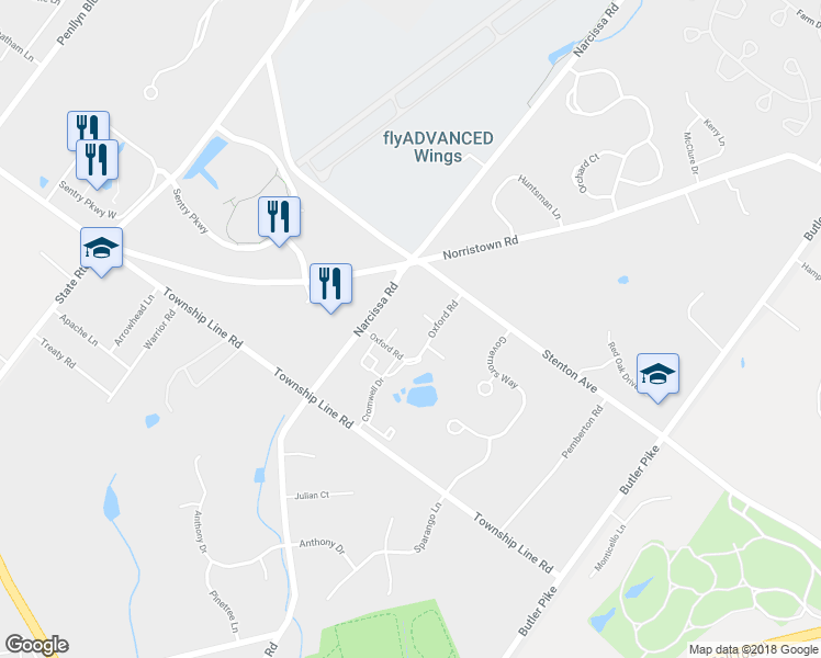 map of restaurants, bars, coffee shops, grocery stores, and more near 27 Yorktown Court in Blue Bell