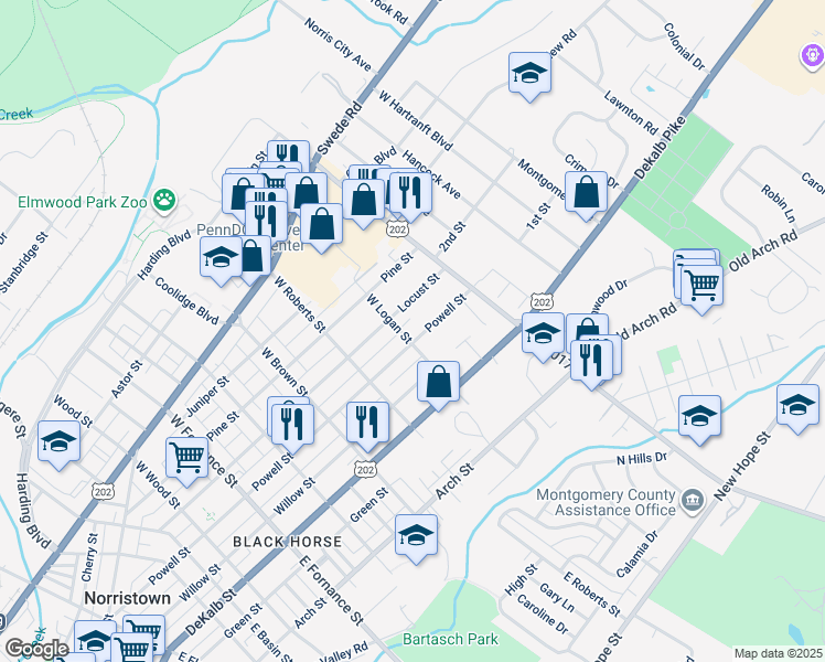 map of restaurants, bars, coffee shops, grocery stores, and more near 1805 Powell Street in Norristown