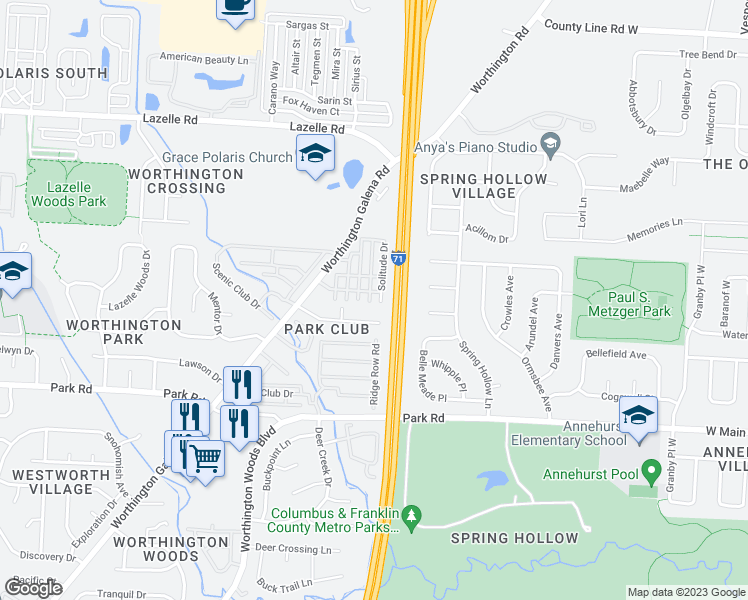 map of restaurants, bars, coffee shops, grocery stores, and more near 7862 Solitude Drive in Westerville