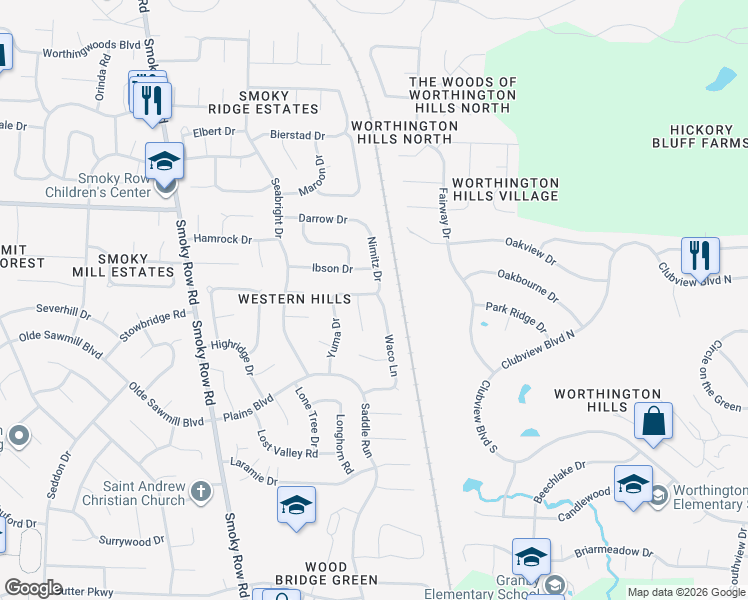 map of restaurants, bars, coffee shops, grocery stores, and more near 8405 Waco Lane in Powell