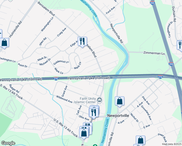 map of restaurants, bars, coffee shops, grocery stores, and more near 6223 Lewisville Avenue in Bucks County