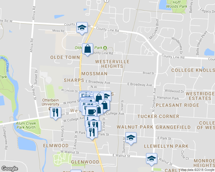 map of restaurants, bars, coffee shops, grocery stores, and more near 114 North Vine Street in Westerville