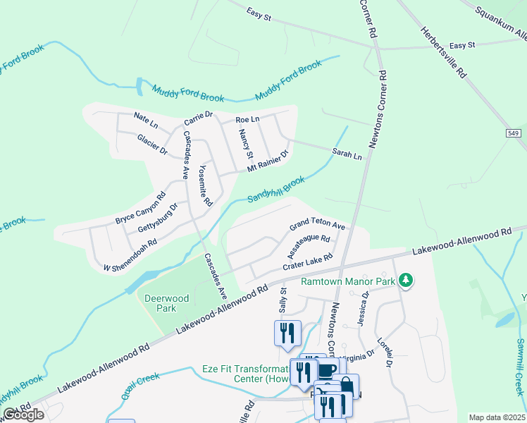 map of restaurants, bars, coffee shops, grocery stores, and more near 114 Mesa Verde Lane in Howell Township