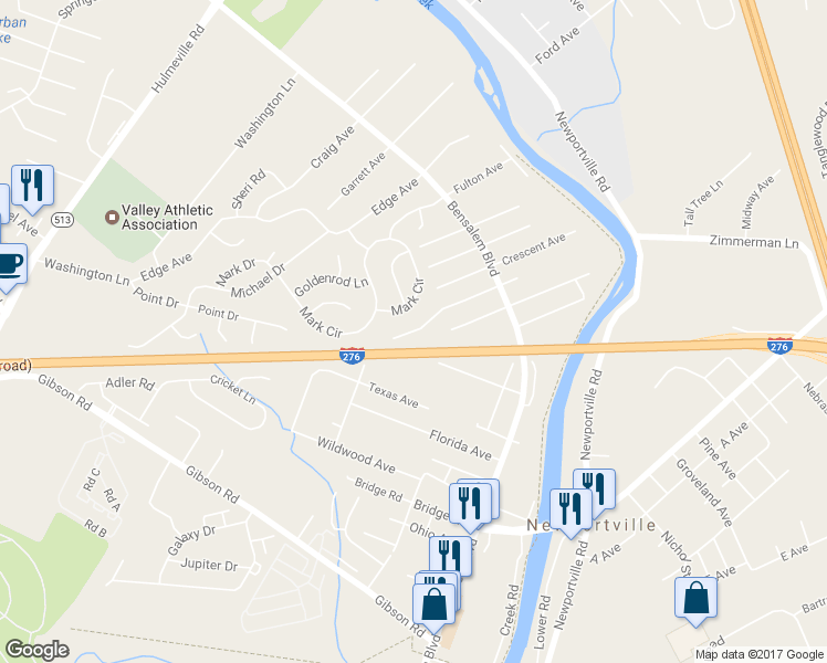 map of restaurants, bars, coffee shops, grocery stores, and more near 6137 Clearview Avenue in Bensalem