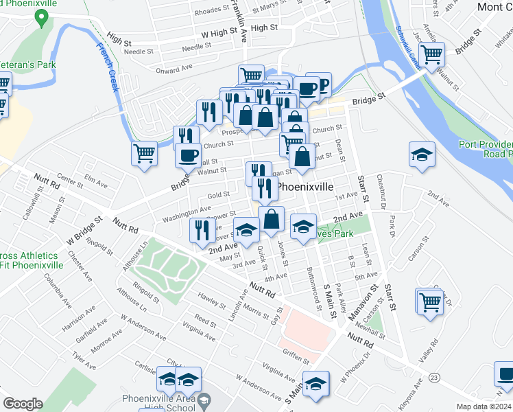 map of restaurants, bars, coffee shops, grocery stores, and more near 212 Gay Street in Phoenixville