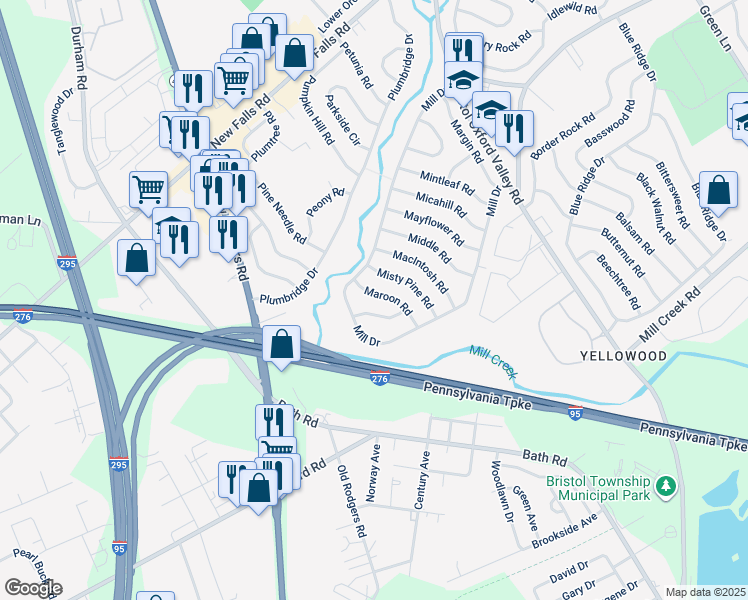 map of restaurants, bars, coffee shops, grocery stores, and more near 35 Maroon Road in Levittown
