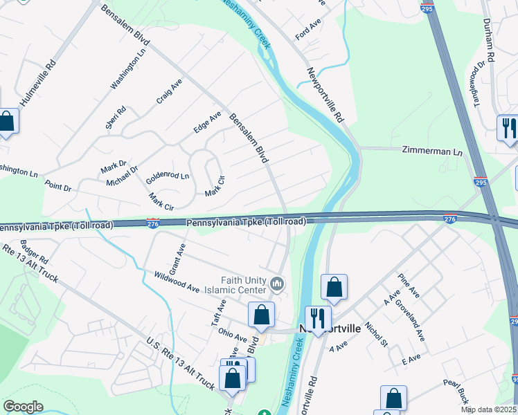 map of restaurants, bars, coffee shops, grocery stores, and more near 6241 Lewisville Avenue in Bensalem