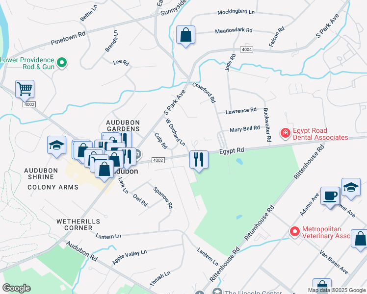 map of restaurants, bars, coffee shops, grocery stores, and more near 7 West Orchard Lane in Eagleville