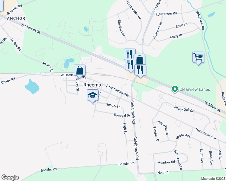 map of restaurants, bars, coffee shops, grocery stores, and more near 134 East Harrisburg Avenue in Elizabethtown
