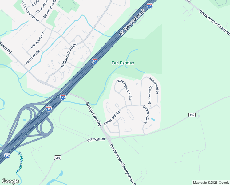 map of restaurants, bars, coffee shops, grocery stores, and more near 23 Windingbrook Road in Fieldsboro