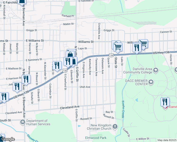 map of restaurants, bars, coffee shops, grocery stores, and more near 27 Kentucky Avenue in Danville