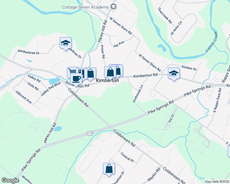 map of restaurants, bars, coffee shops, grocery stores, and more near 2202 Kimberton Road in Phoenixville