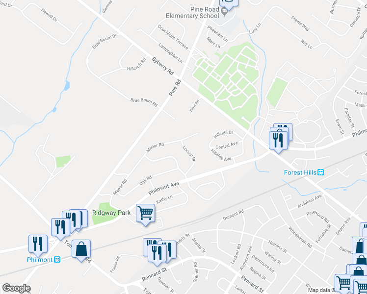 map of restaurants, bars, coffee shops, grocery stores, and more near 228 Locust Drive in Montgomery County