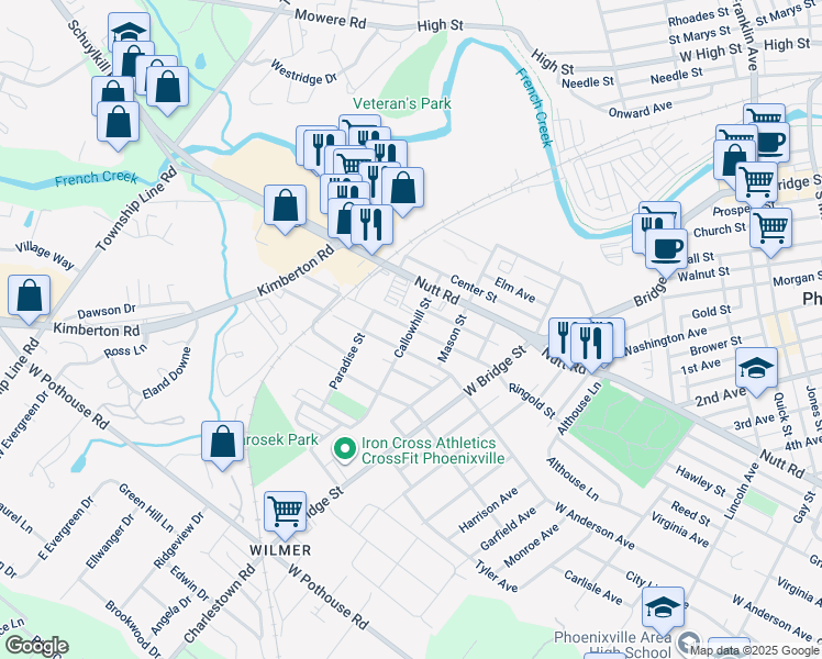 map of restaurants, bars, coffee shops, grocery stores, and more near 100 Pennsylvania Avenue in Phoenixville