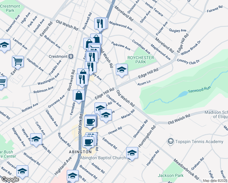 map of restaurants, bars, coffee shops, grocery stores, and more near 1703 Edge Hill Road in Abington
