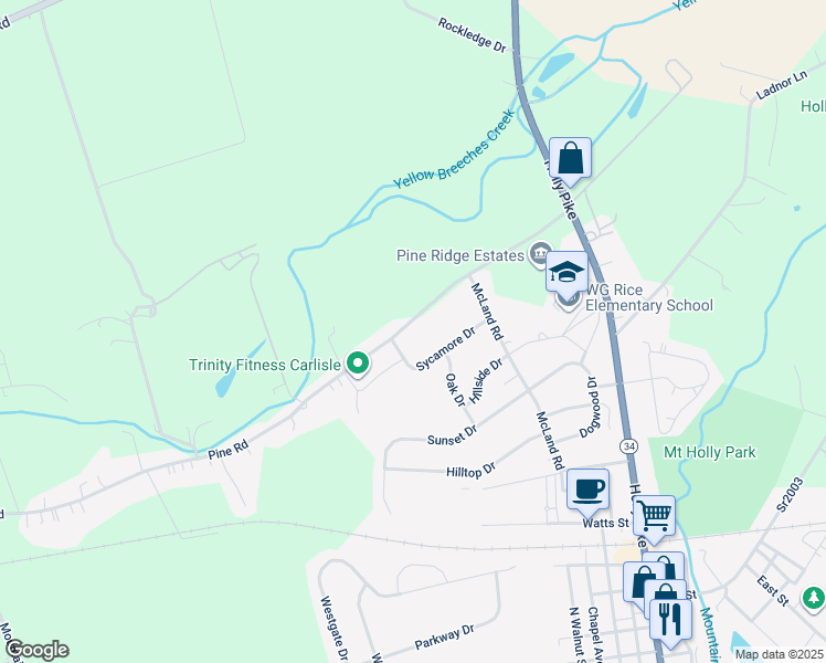 map of restaurants, bars, coffee shops, grocery stores, and more near 117 Pine Road in Mount Holly Springs
