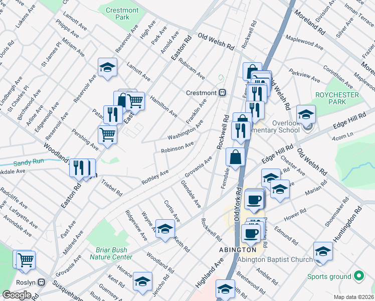 map of restaurants, bars, coffee shops, grocery stores, and more near 1550 Rothley Avenue in Willow Grove