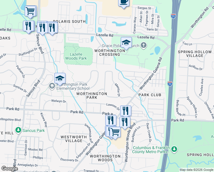 map of restaurants, bars, coffee shops, grocery stores, and more near 7968 Schoolside Drive in Westerville