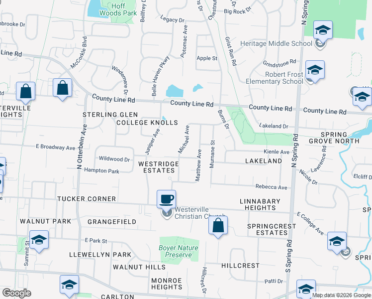 map of restaurants, bars, coffee shops, grocery stores, and more near 494 Michael Avenue in Westerville