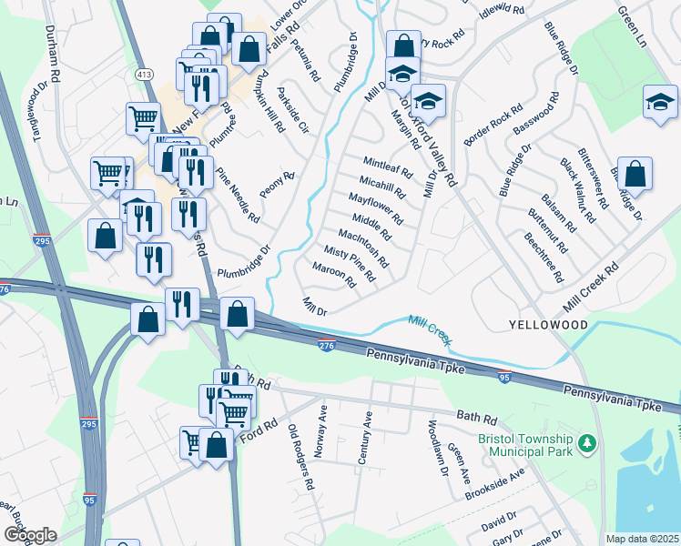 map of restaurants, bars, coffee shops, grocery stores, and more near 35 Maroon Road in Levittown