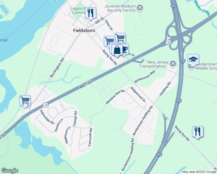 map of restaurants, bars, coffee shops, grocery stores, and more near 29 Meadow Run Road in Bordentown