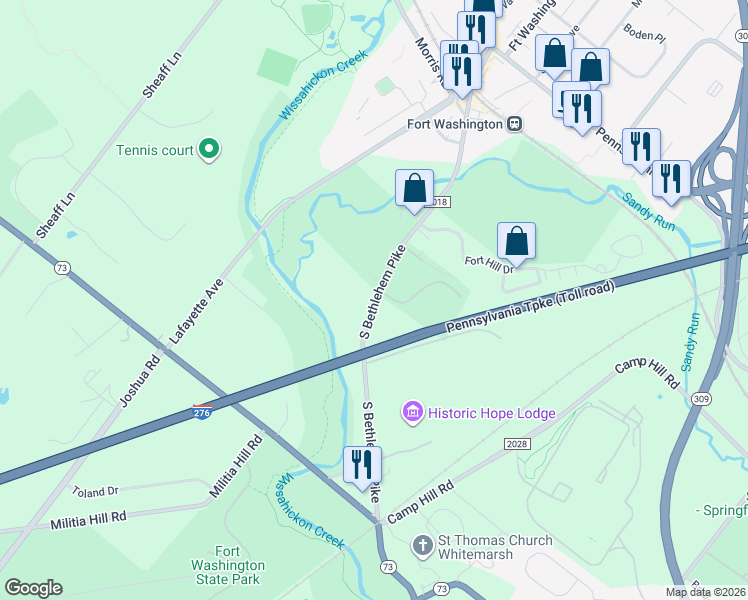 map of restaurants, bars, coffee shops, grocery stores, and more near 509 State Route 2018 in Fort Washington