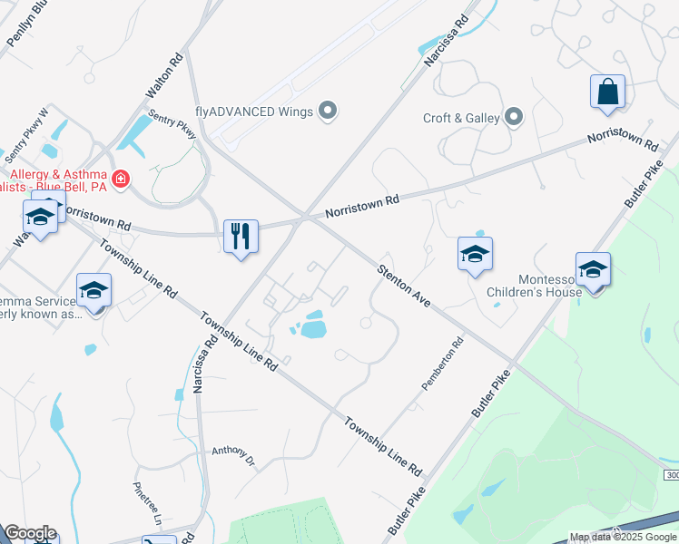 map of restaurants, bars, coffee shops, grocery stores, and more near 45 Ramsgate Court in Blue Bell