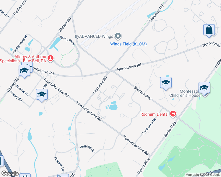 map of restaurants, bars, coffee shops, grocery stores, and more near 36 Yorktown Court in Blue Bell