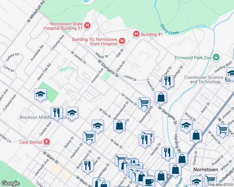 map of restaurants, bars, coffee shops, grocery stores, and more near 1210 West James Street in Norristown