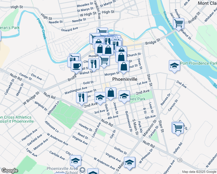 map of restaurants, bars, coffee shops, grocery stores, and more near 213 Gay Street in Phoenixville