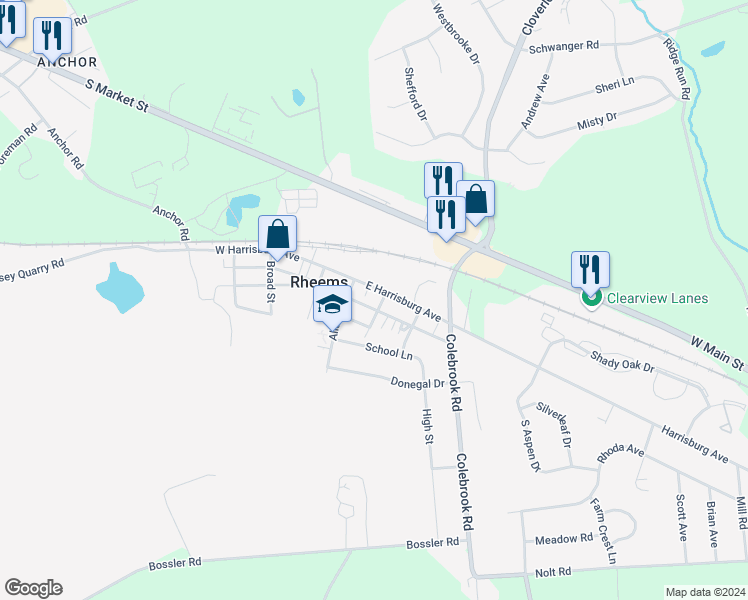 map of restaurants, bars, coffee shops, grocery stores, and more near 134 East Harrisburg Avenue in Elizabethtown