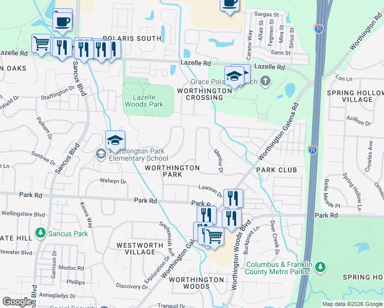 map of restaurants, bars, coffee shops, grocery stores, and more near 7968 Schoolside Drive in Westerville