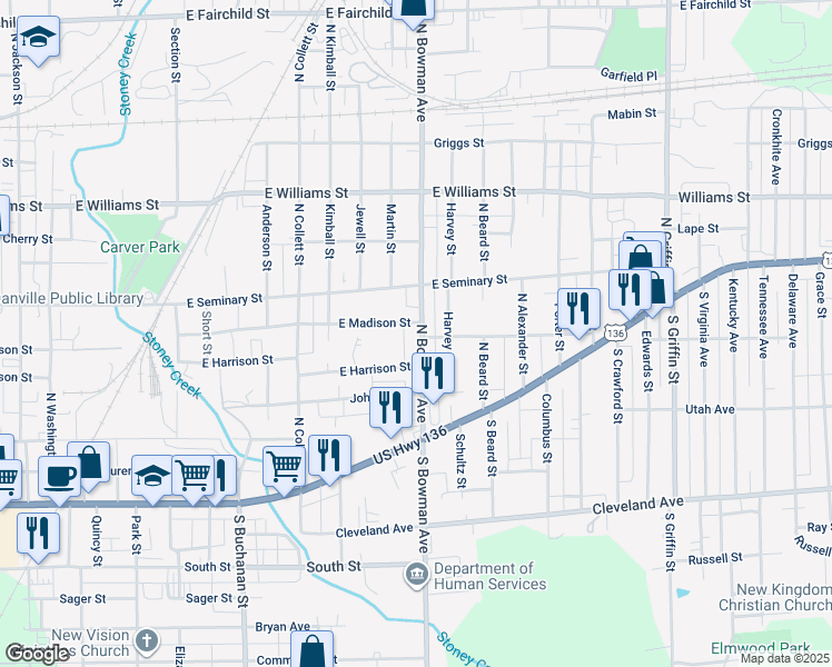 map of restaurants, bars, coffee shops, grocery stores, and more near 214-298 North Bowman Avenue in Danville