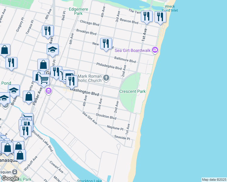 map of restaurants, bars, coffee shops, grocery stores, and more near 208 Crescent Parkway in Sea Girt