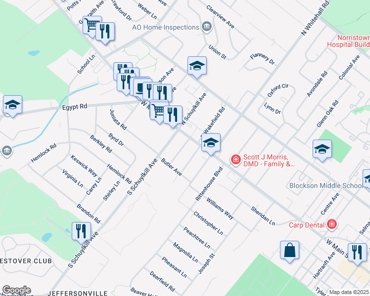 map of restaurants, bars, coffee shops, grocery stores, and more near 8 Evergreen Road in Norristown