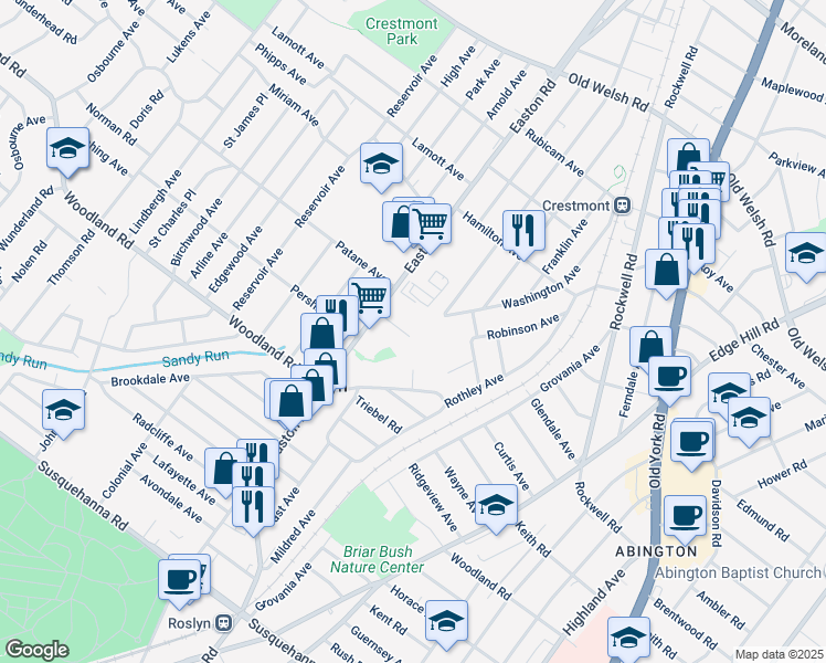map of restaurants, bars, coffee shops, grocery stores, and more near 2323 Nylsor Avenue in Abington