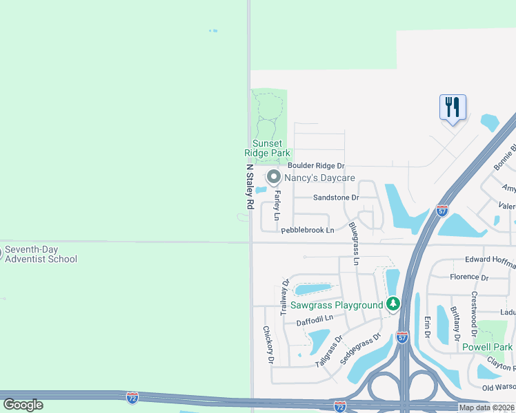map of restaurants, bars, coffee shops, grocery stores, and more near 1319 West Ridge Lane in Champaign