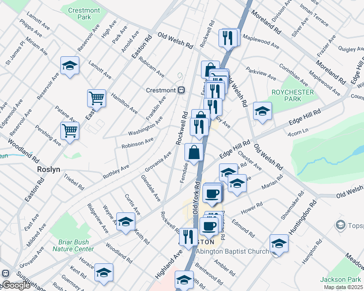 map of restaurants, bars, coffee shops, grocery stores, and more near 1599 Rockwell Road in Abington