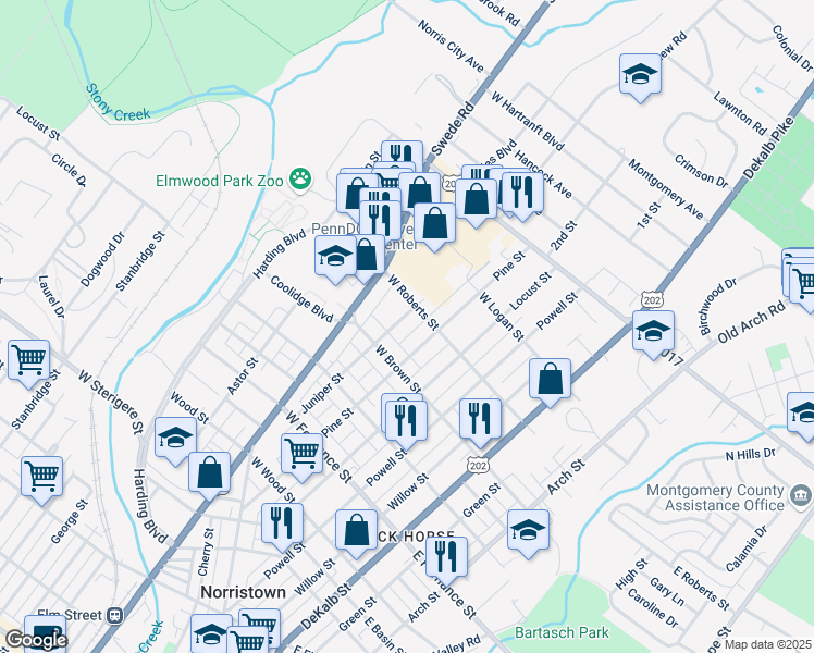 map of restaurants, bars, coffee shops, grocery stores, and more near 1612 Juniper Street in Norristown