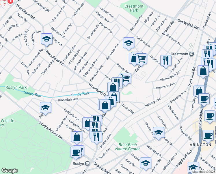 map of restaurants, bars, coffee shops, grocery stores, and more near 1366 Arnold Avenue in Abington