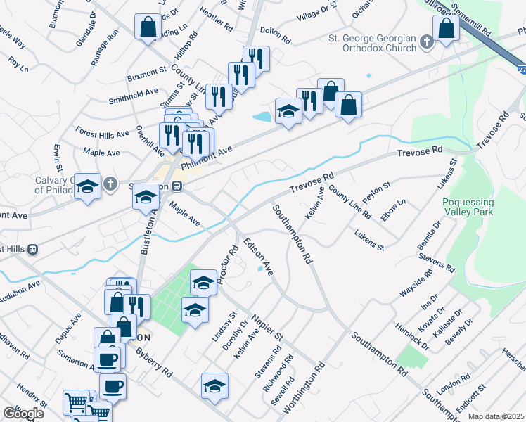 map of restaurants, bars, coffee shops, grocery stores, and more near 14047 Trevose Road in Philadelphia