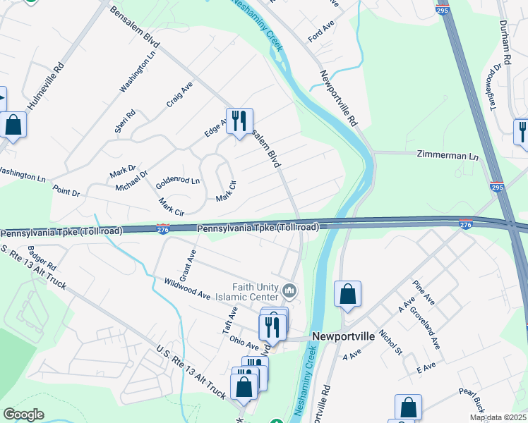 map of restaurants, bars, coffee shops, grocery stores, and more near 6223 Lewisville Avenue in Bucks County