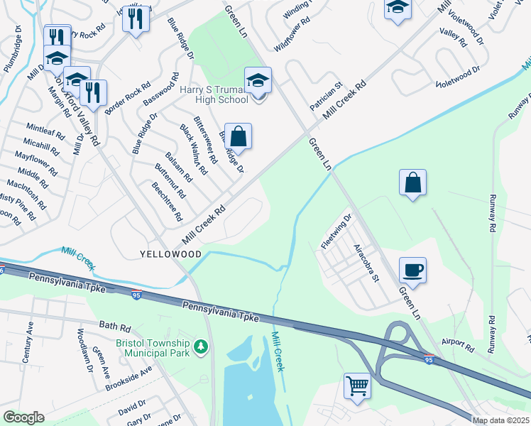 map of restaurants, bars, coffee shops, grocery stores, and more near 66 Yellowood Drive in Levittown
